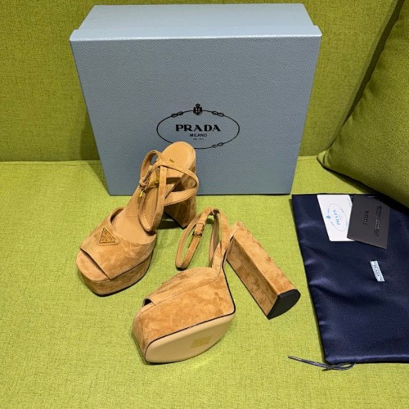 Prada Suede Platform Sandals in a warm camel/tan colorway.