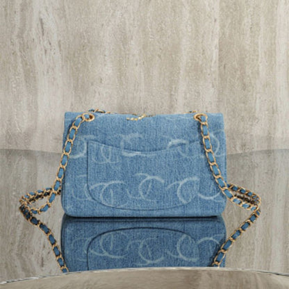Chanel Blue Denim Sequin CC Printed Classic Double Flap Bag