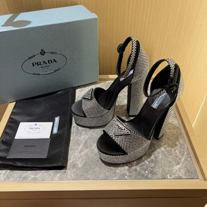 Prada Satin Sandals with Crystals in a glamorous black and silver colorway.