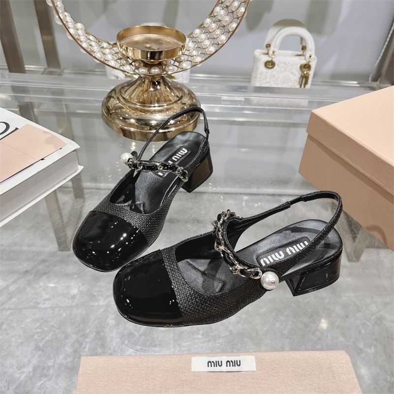 Miu Miu Velvet and Patent Leather Pearl Detail Chain Slingback flats.