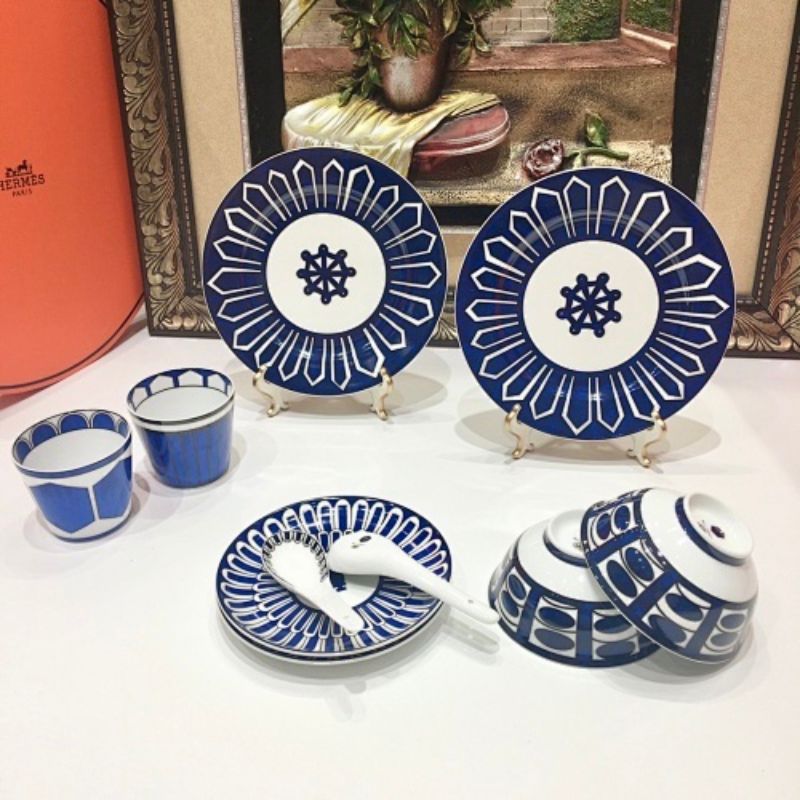 Hermès the Bleus d'Ailleurs porcelain dinnerware collection.