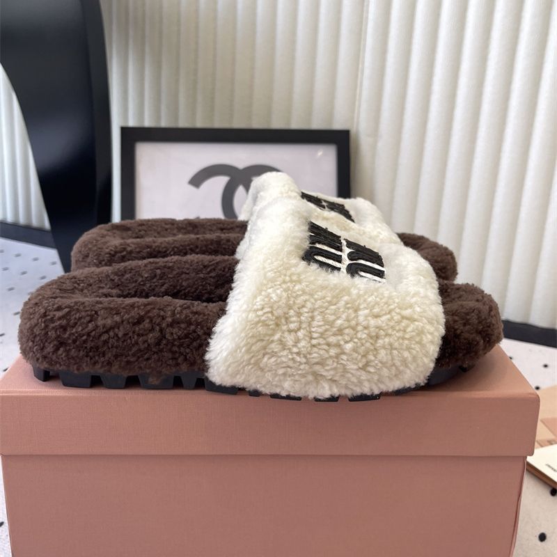 Miu Miu Logo Shearling Slides.