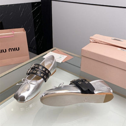 Miu Miu Studded Leather Ballerina Shoes.