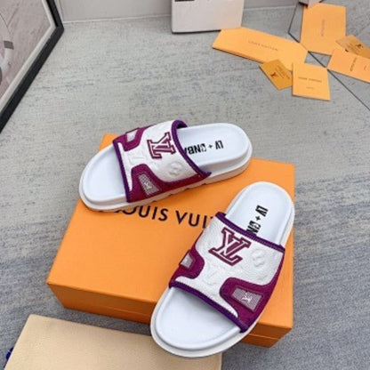 Louis Vuitton Pool Pillow Flat Comfort Mules in white with purple/magenta trim