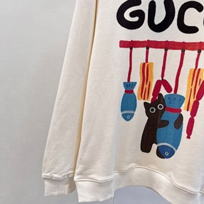 Gucci cotton sweatshirt with an artistic cat and fish graphic print.
