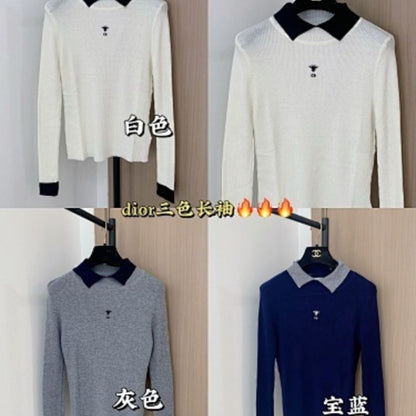 Christian Dior long-sleeved top with a grey collar and the signature Dior bee embroidery.