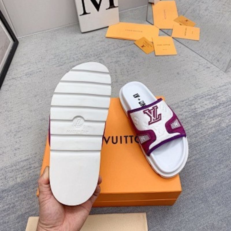 Louis Vuitton Pool Pillow Flat Comfort Mules in white with purple/magenta trim