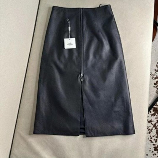 Hermès black leather midi skirt with a distinctive full-length