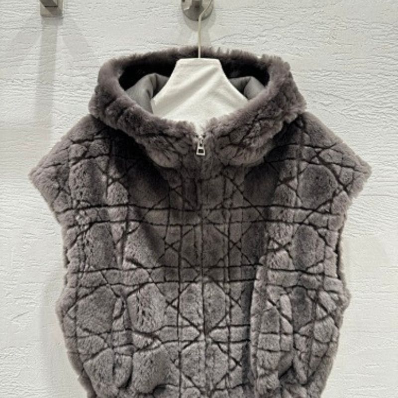 Christian Dior grey faux-fur hooded vest
