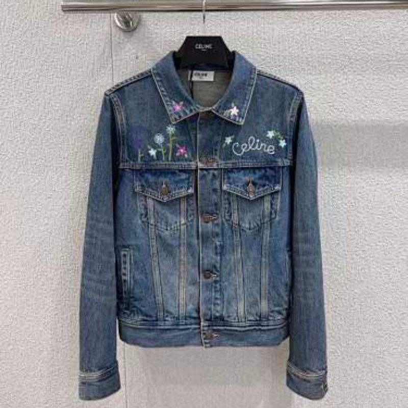 Celine Embroidered Trucker Jacket in Dark Union Wash Denim.