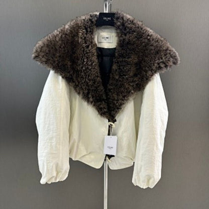 Celine Cropped Jacket with a large, dark fur (likely shearling) collar