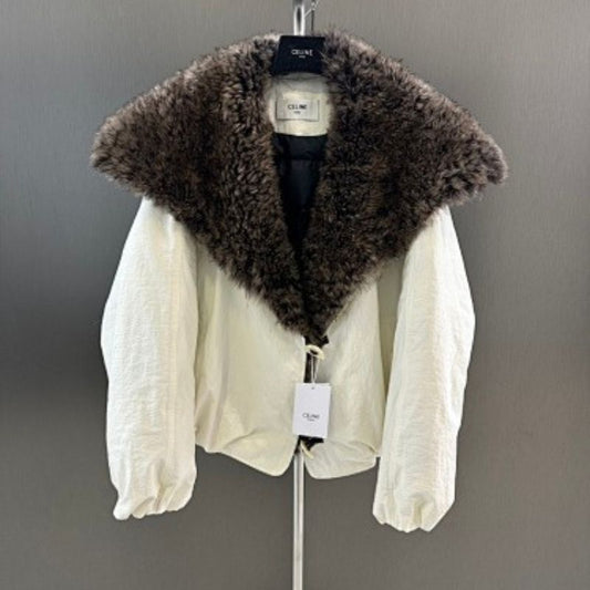 Celine Cropped Jacket with a large, dark fur (likely shearling) collar