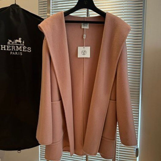 Hermès pink wool or cashmere blend hooded wrap coat