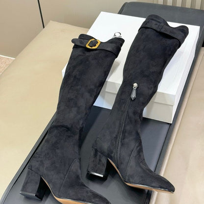 black suede knee-high boots.