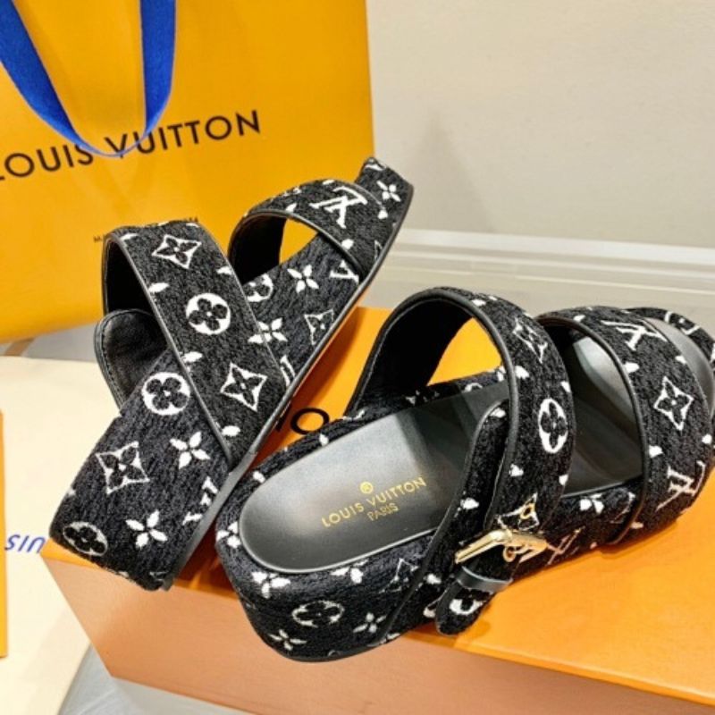 Louis Vuitton Jumbo black and white Monogram velvet Flatform Mules.