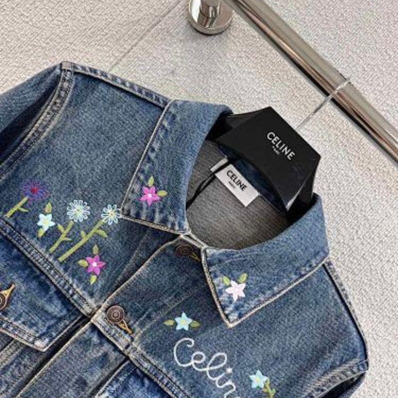Celine Embroidered Trucker Jacket in Dark Union Wash Denim.