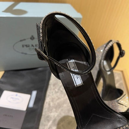 Prada Satin Sandals with Crystals in a glamorous black and silver colorway.