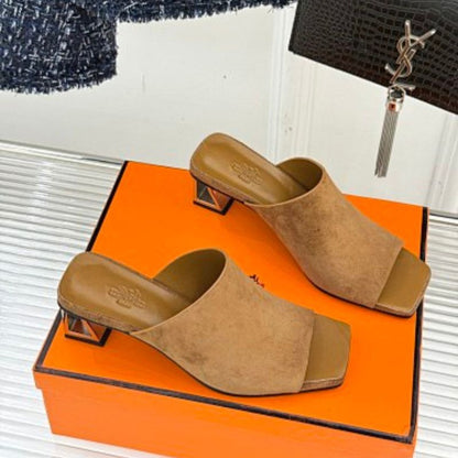 Hermès Kylie Mules in naturel (tan/beige) suede calfskin,