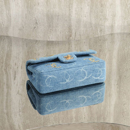 Chanel Blue Denim Sequin CC Printed Classic Double Flap Bag