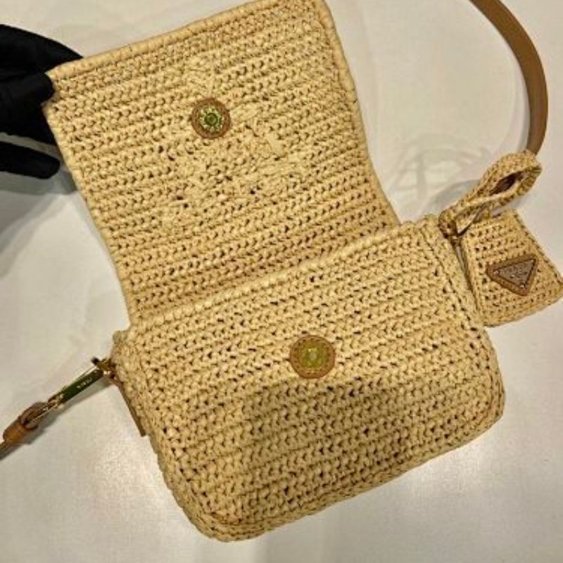 Prada Crochet Mini Shoulder Bag in natural beige.