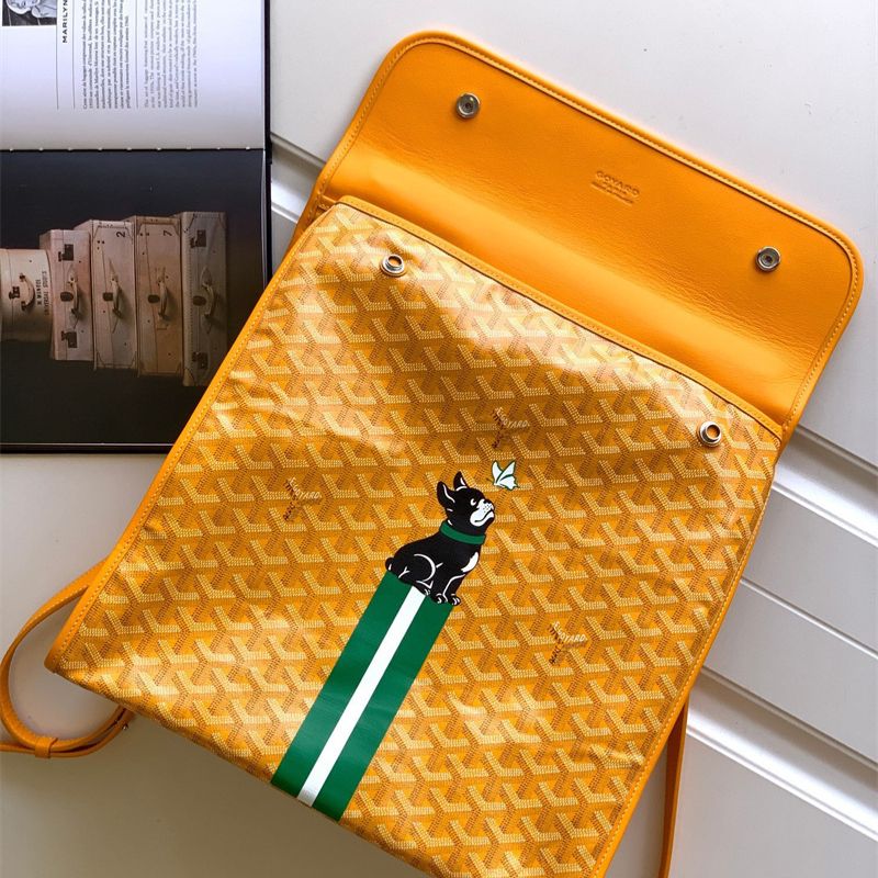 Goyard Saint Léger  hand-painted "Hulot the dog" motif and green stripes backpack in yellow