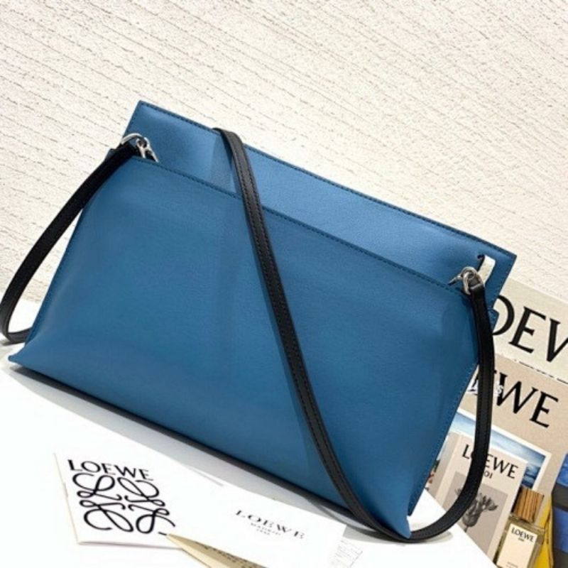 Loewe T Pouch clutch bag in a unique blue, black, and white leather