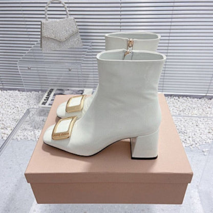 Miu Miu Square-Toe Ankle Boots with gold-tone hardware.