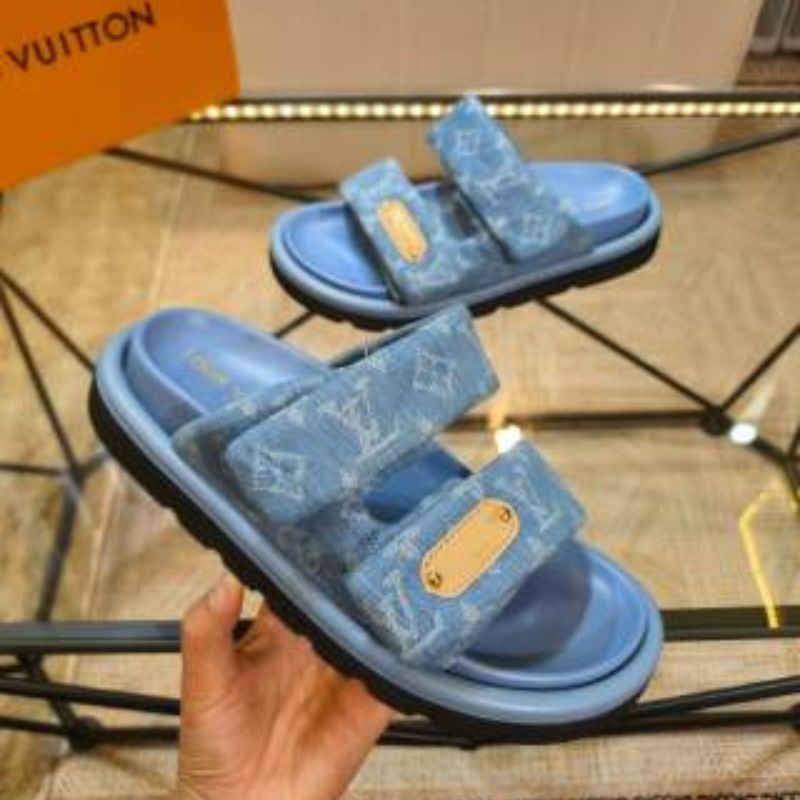 Louis Vuitton Pool Pillow Comfort Mules in blue Monogram denim.