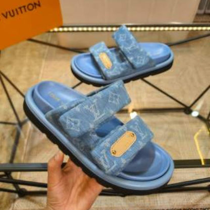 Louis Vuitton Pool Pillow Comfort Mules in blue Monogram denim.