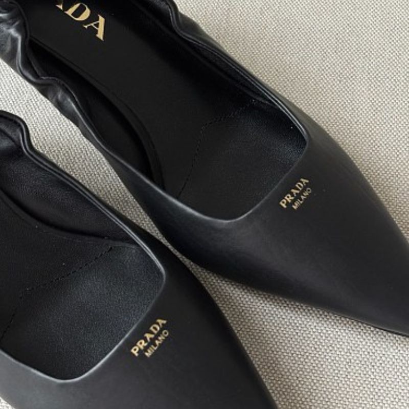 Prada Ruched Logo Elasticized Leather Kitten-Heel Pumps.