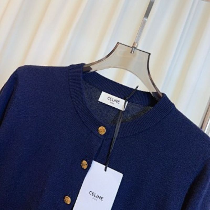 Celine Navy Gold-Button Knit Polo Top.