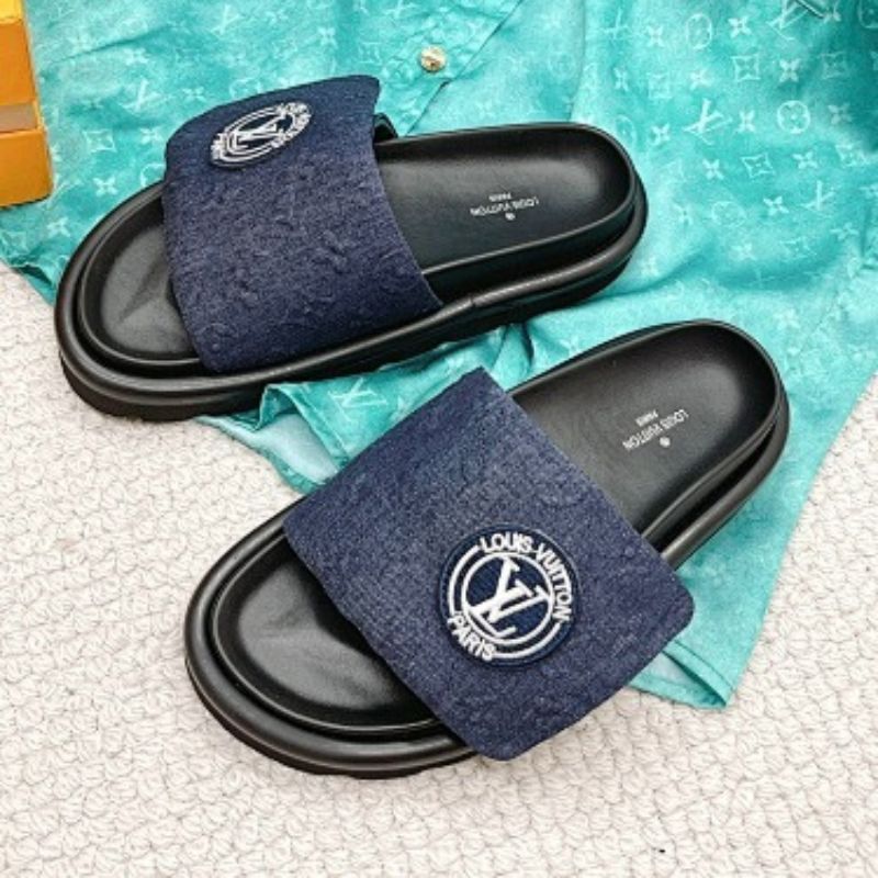 Louis Vuitton Pool Pillow Flat Comfort Mules in blue Monogram denim.