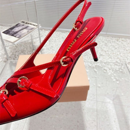 Miu Miu red patent-leather slingback pumps.