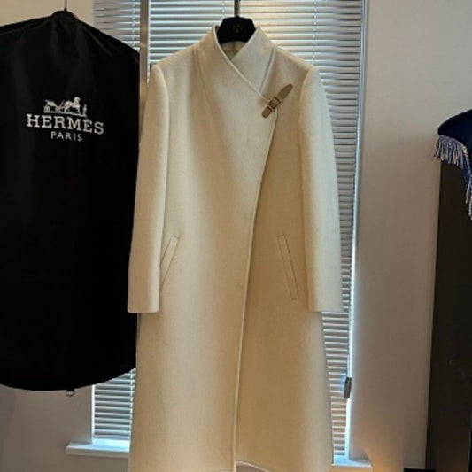 HERMES PARIS  asymmetrical wrap coat with a buckle closure