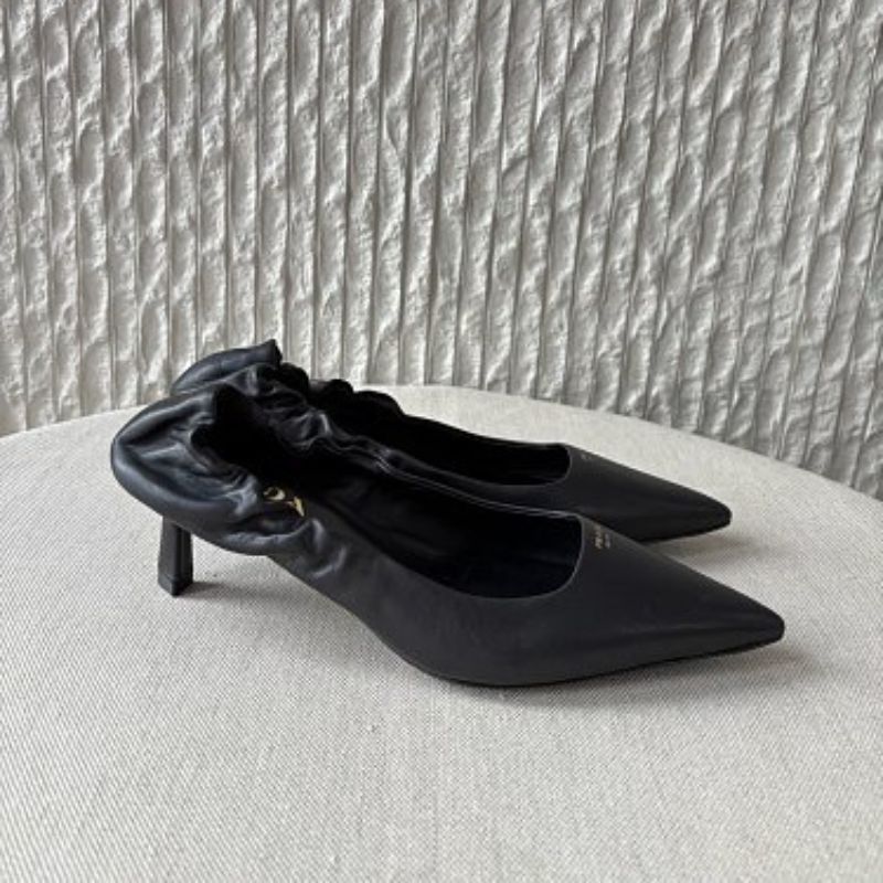 Prada Ruched Logo Elasticized Leather Kitten-Heel Pumps.