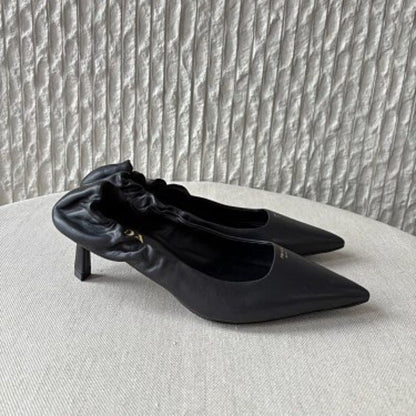 Prada Ruched Logo Elasticized Leather Kitten-Heel Pumps.