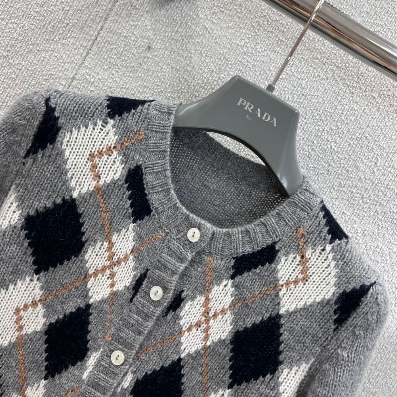 Prada Argyle knit cashmere cardigan in a gray color scheme.