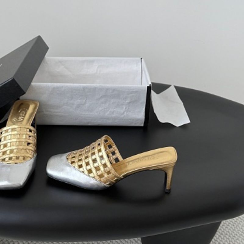 Chanel Metallic Woven Toe-Cap Mules.