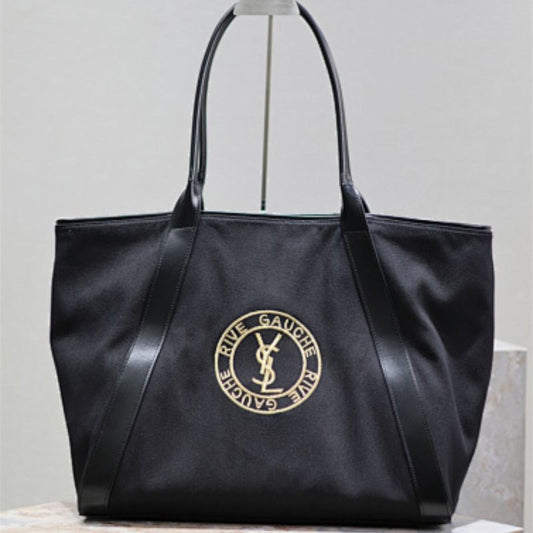 Saint Laurent Rive Gauche Round Logo Tote Bag in black.