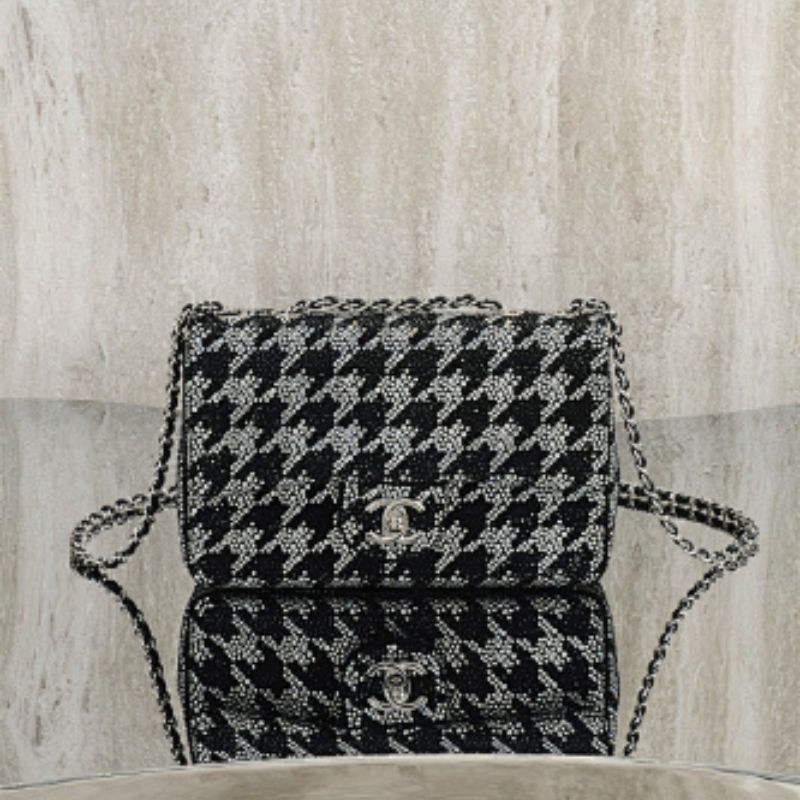 Chanel Black and Silver Diamante Crystal Houndstooth Mini Flap Bag.