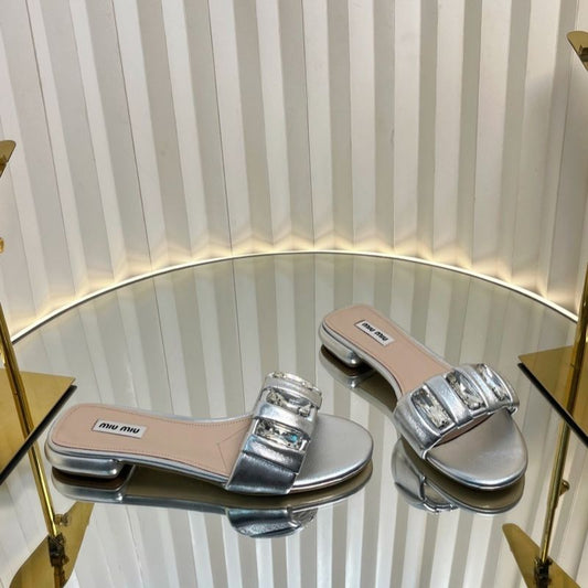 Miu Miu Silver Crystal-Embellished Slide Sandals.