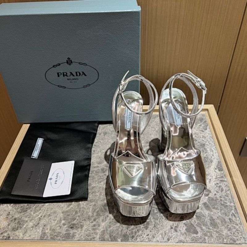 Prada Metallic Leather Platform Sandals in a striking platinum/silver colorway.