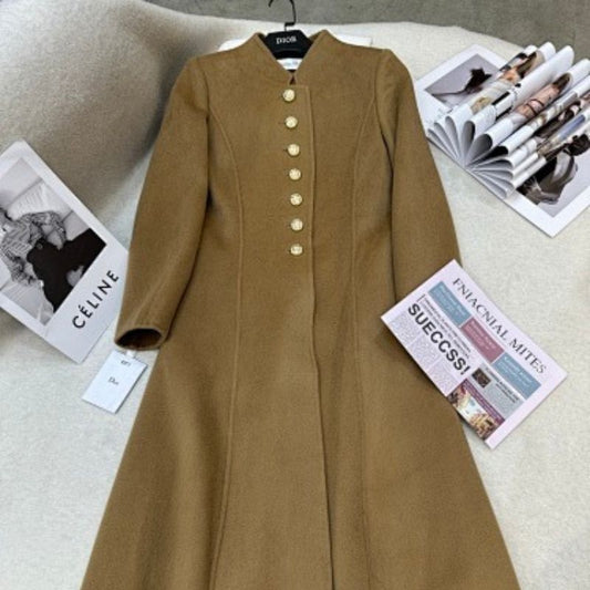 Christian Dior camel coat with gold-tone logo buttons.