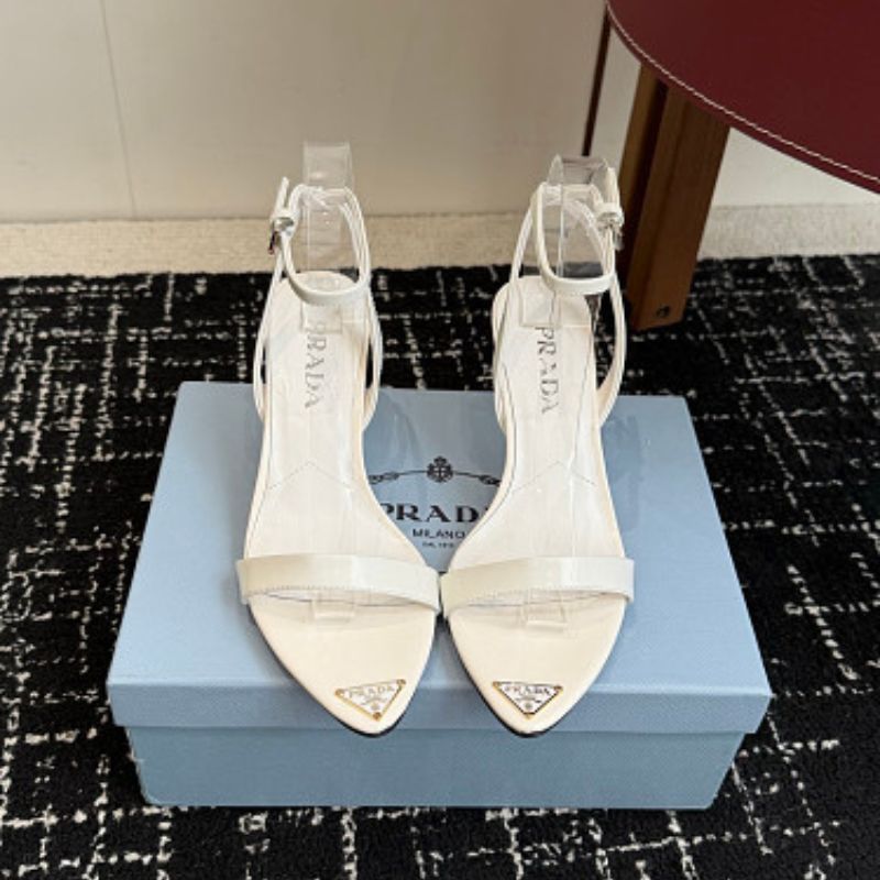 Prada Triangle-Logo Pointed Ankle-Strap Sandals in white
