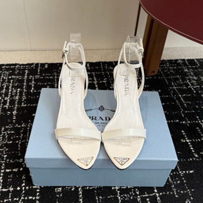 Prada Triangle-Logo Pointed Ankle-Strap Sandals in white