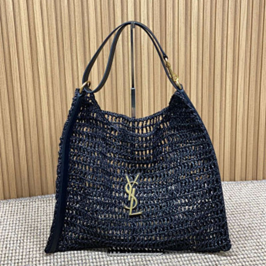 Saint Laurent Oxalis Shoulder Bag raffia macramé in black.