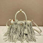 Prada Arqué Fringe Leather Handbag in a light off-white shade.