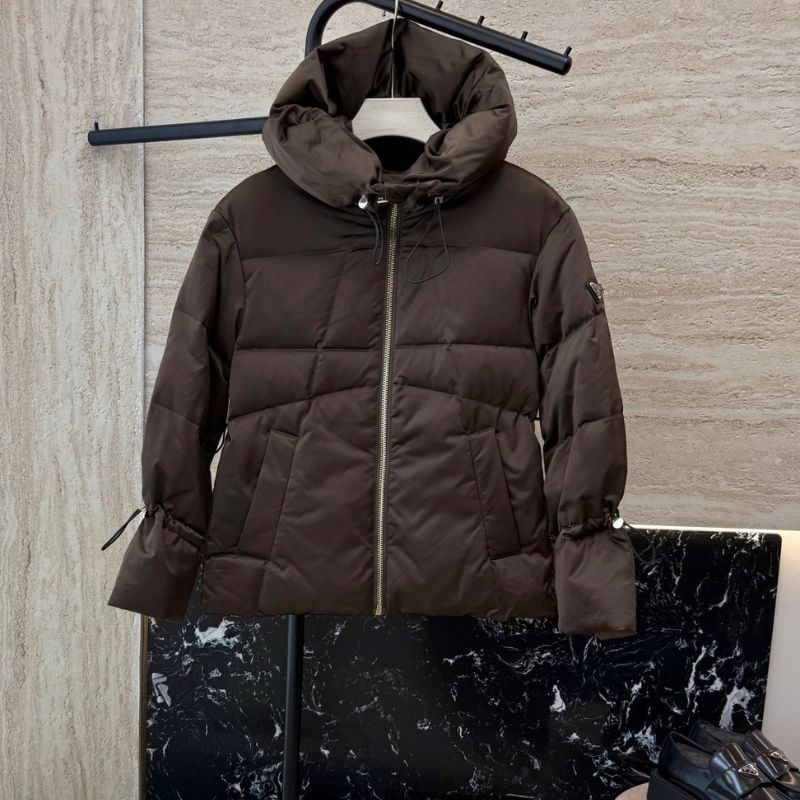 Prada hooded puffer jacket in a chocolate brown color