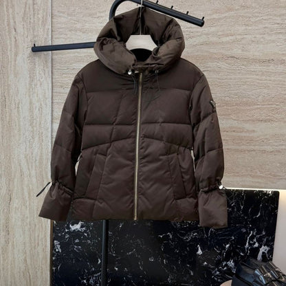 Prada hooded puffer jacket in a chocolate brown color