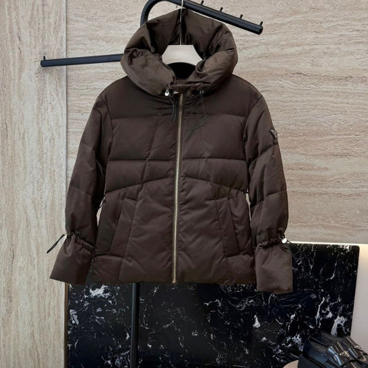 Prada hooded puffer jacket in a chocolate brown color